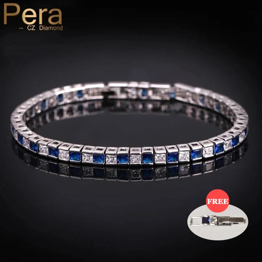 Pera Classic Women Jewelry Austrian Crystal Dark Blue CZ Big Square Silver Color Hand Bracelets Bangles for Christmas Gift B026