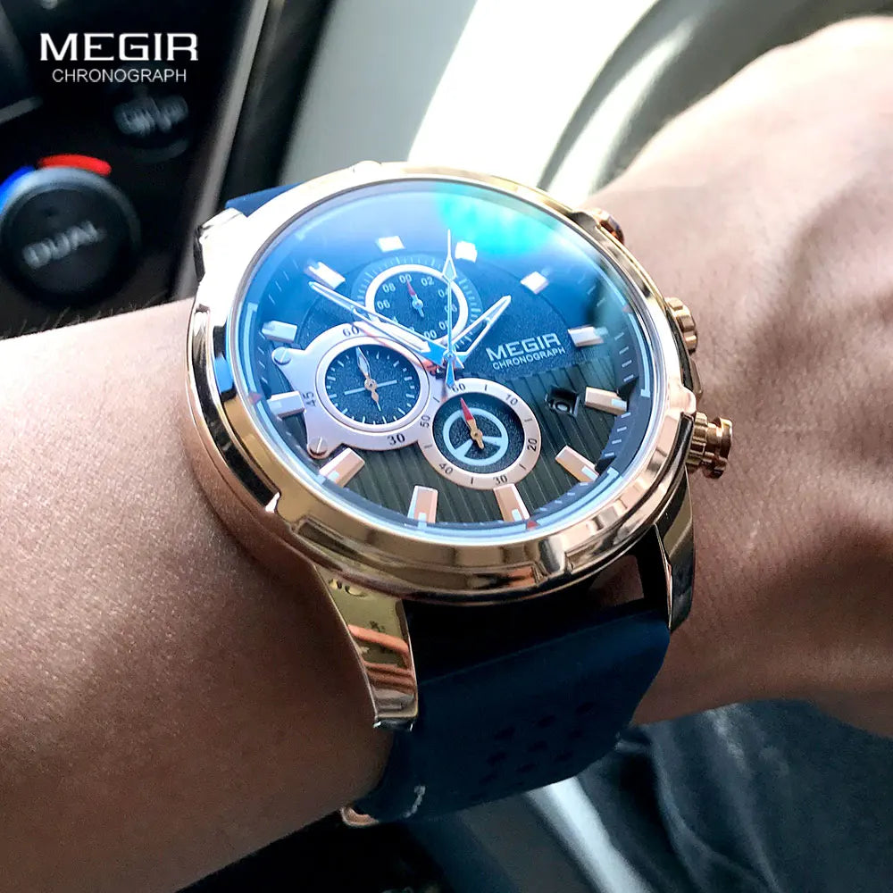 MEGIR Quartz Watches Men Silicone Strap Chronograph Wristwatch Man Relogios Masculinos Top Brand Luxury Clock Boy 2101 ROSE BLUE