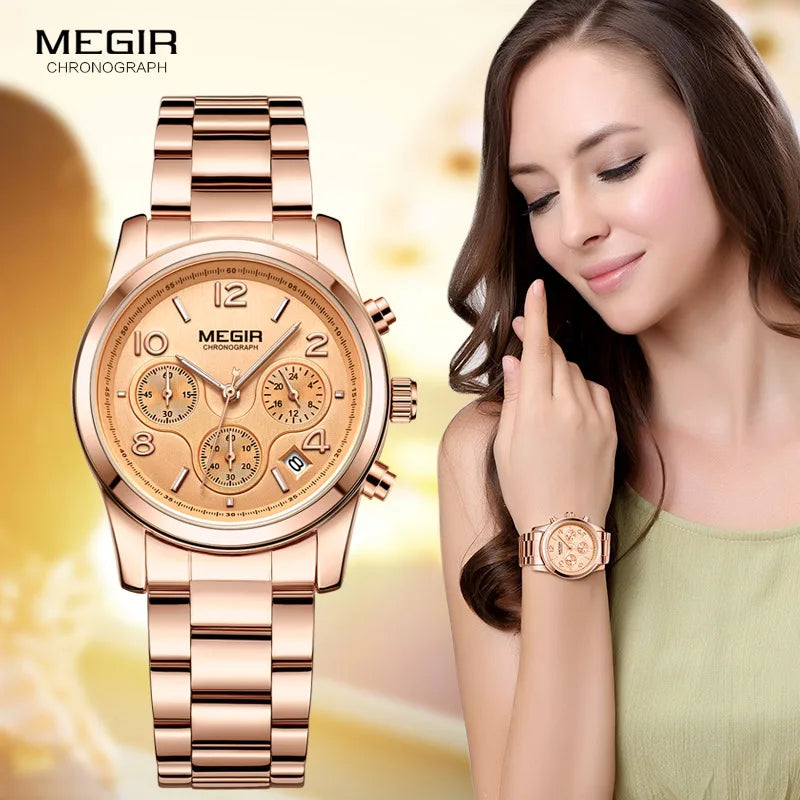 Megir Ladies Watch Chronograph Quartz Watches Women Top Brand Luxury Rose Gold Wristwatch Relogio Feminino часы женские 2057