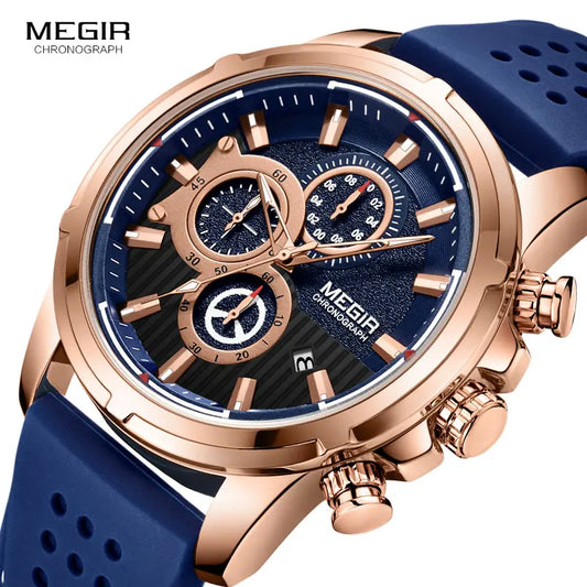 MEGIR Quartz Watches Men Silicone Strap Chronograph Wristwatch Man Relogios Masculinos Top Brand Luxury Clock Boy 2101 ROSE BLUE