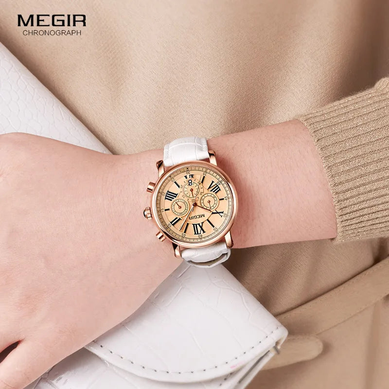 Megir Woman's Chronograph Quartz Watch with 24 Hours and Calendar Display White Leather Strap Wrist Stopwatches for Ladies 2058L