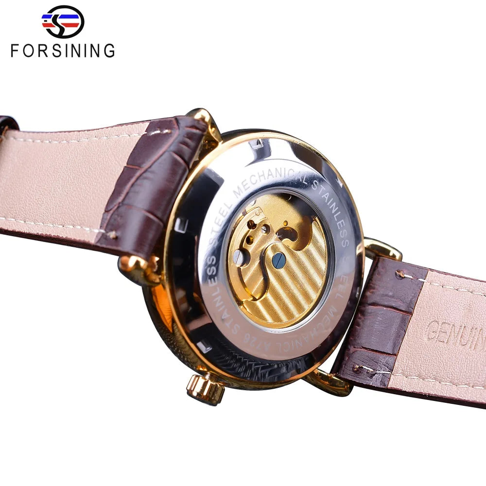 Forsining Luxury White Gold Display Brown Leather Moonphase Fashion Blue Hand Skeleton Waterproof Men Automatic Mechanical Watch