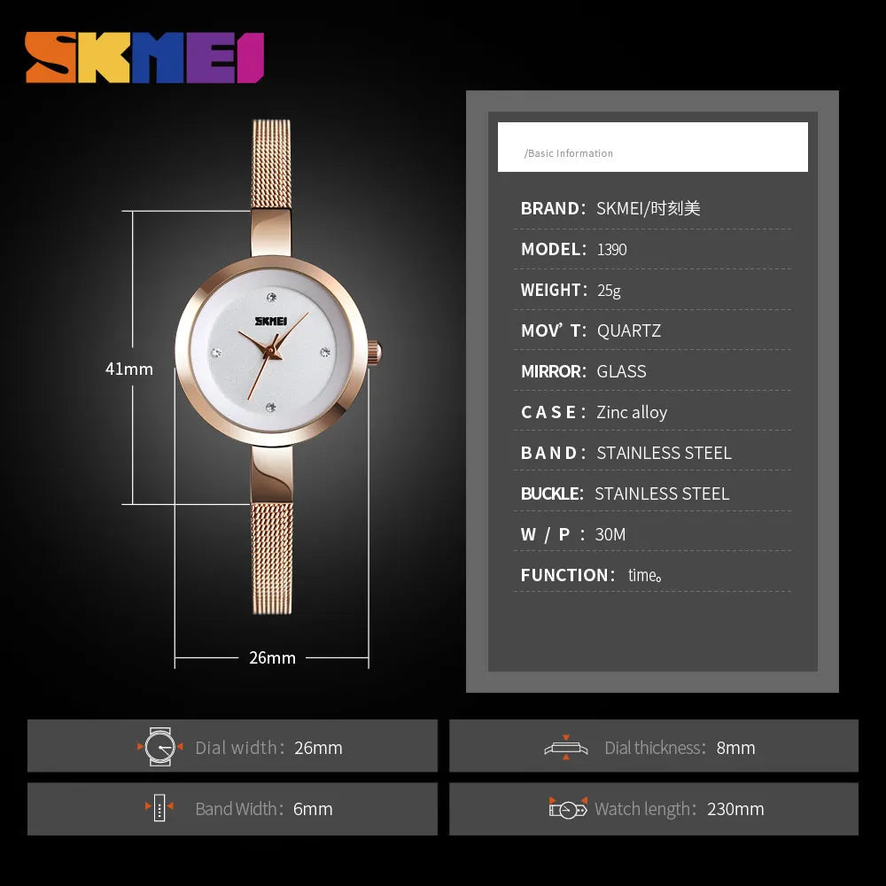 SKMEI Luxury Quartz Ladies Watch Thin Strap Fashion Women Watch Casual Stainless Steel Female Wristwatcch Relogio Feminino 1390