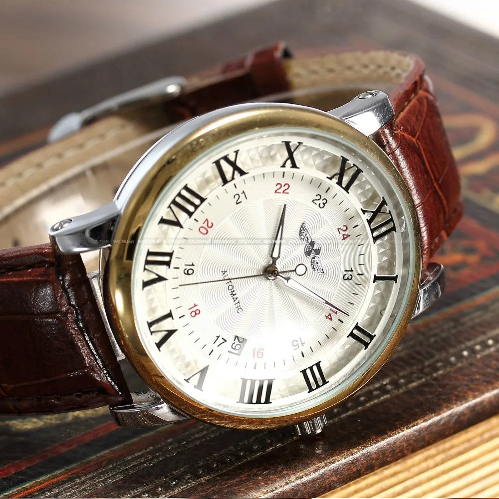 Rome Number Fashion Men WINNER Top Brand Gold Sport Wristwatches Self wind Automatic Mechanical Calendar Leather Watch Clock