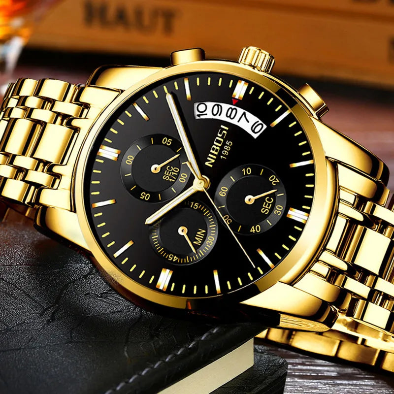 NIBOSI Mens Watches Luxury Brand Military Sport Gold Watch Men Business Wristwatch Chronograph Quartz Watch Relogio Masculino