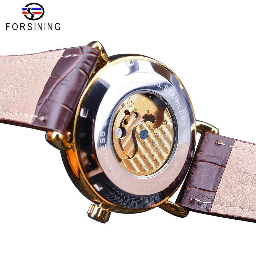 Forsining 2018 Royal Golden Skeleton Display Blue Hands Brown Genuine Leather Belt Mens Mechanical Wristwatches Clock Male