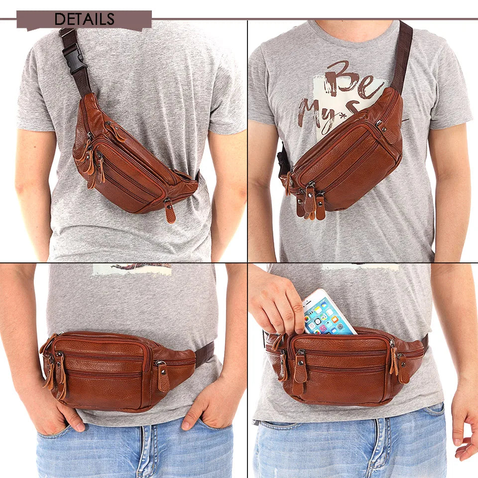 Fashion Men Genuine Leather Fanny Bag for Phone Pouch Male Leather Messenger Bags Brand Fanny Pack Male Travel Waist Bag Men