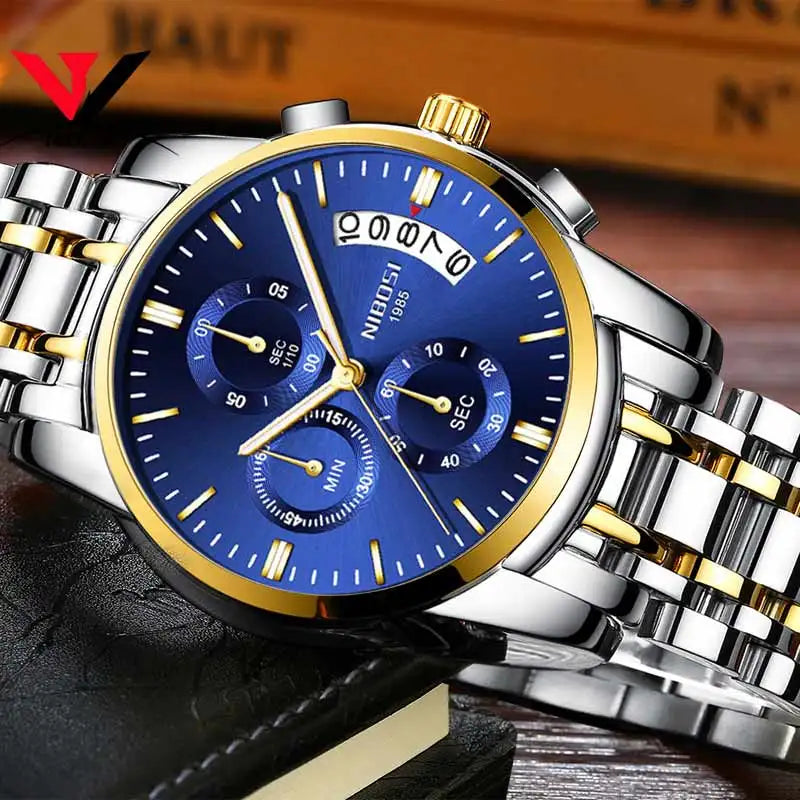 NIBOSI Mens Watches Luxury Brand Military Sport Gold Watch Men Business Wristwatch Chronograph Quartz Watch Relogio Masculino