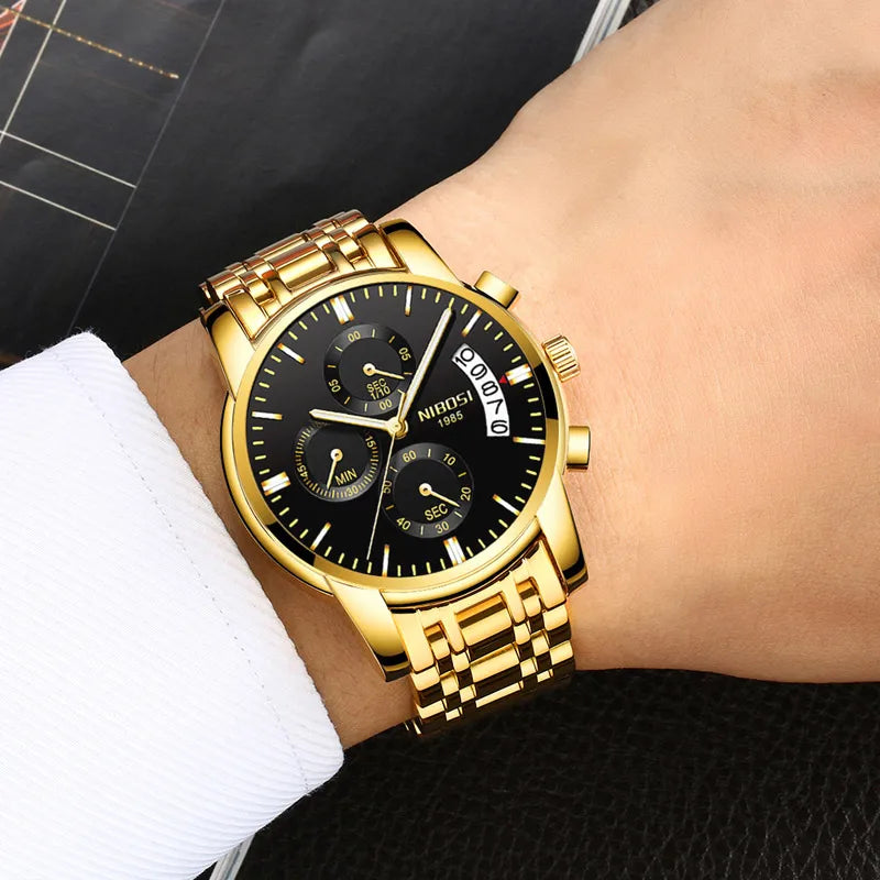 NIBOSI Mens Watches Luxury Brand Military Sport Gold Watch Men Business Wristwatch Chronograph Quartz Watch Relogio Masculino