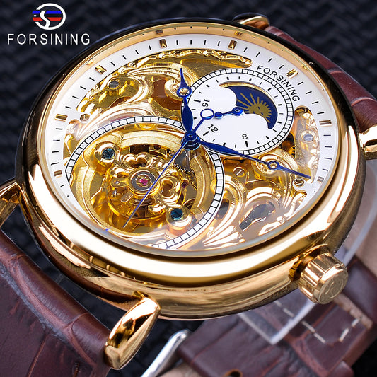 Forsining Luxury White Gold Display Brown Leather Moonphase Fashion Blue Hand Skeleton Waterproof Men Automatic Mechanical Watch