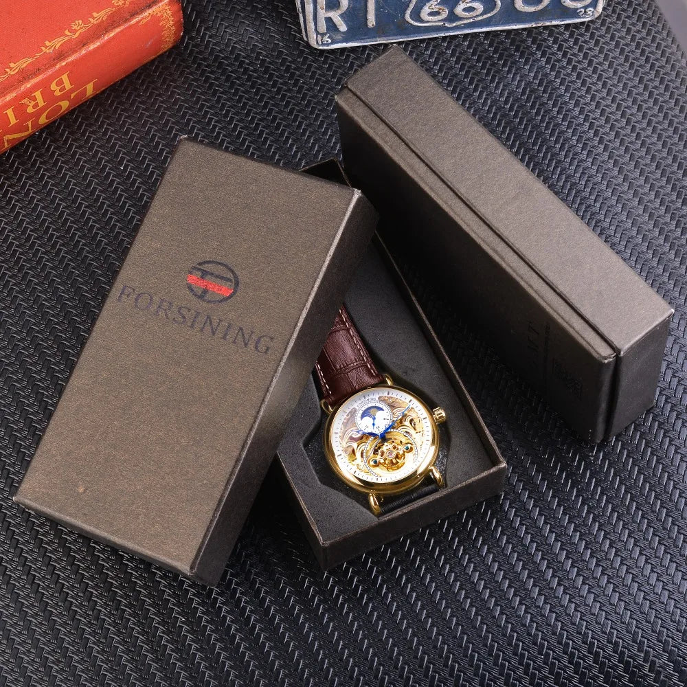 Forsining Luxury White Gold Display Brown Leather Moonphase Fashion Blue Hand Skeleton Waterproof Men Automatic Mechanical Watch