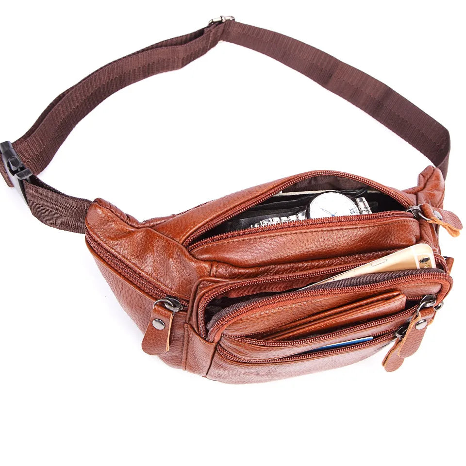 Fashion Men Genuine Leather Fanny Bag for Phone Pouch Male Leather Messenger Bags Brand Fanny Pack Male Travel Waist Bag Men