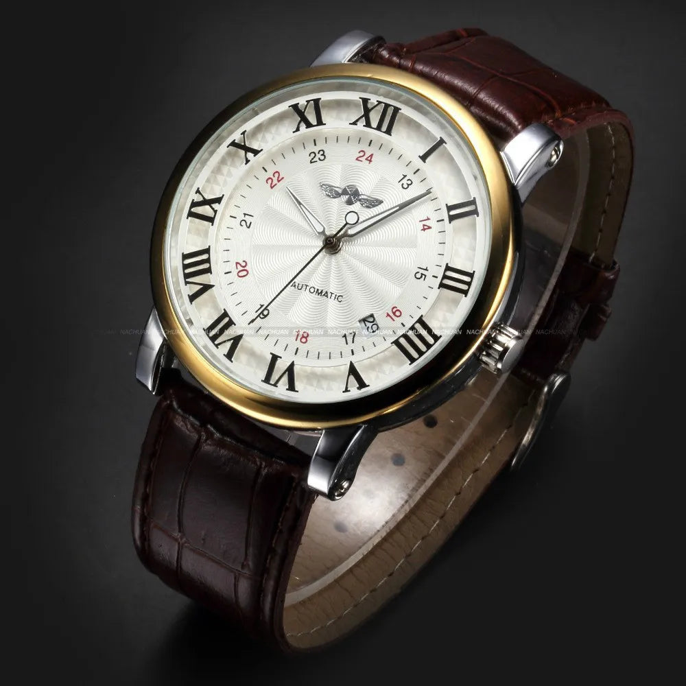 Rome Number Fashion Men WINNER Top Brand Gold Sport Wristwatches Self wind Automatic Mechanical Calendar Leather Watch Clock